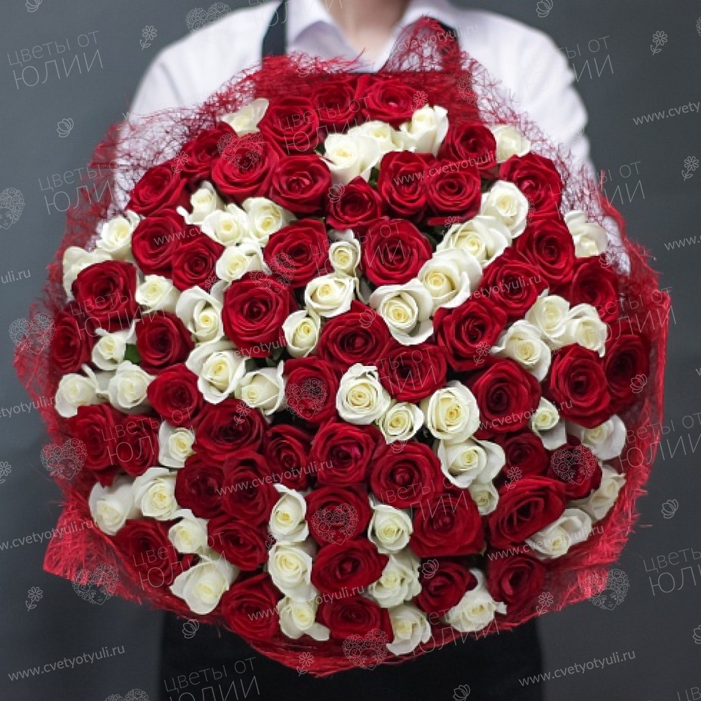 Букет 101 красно-белая роза 70см