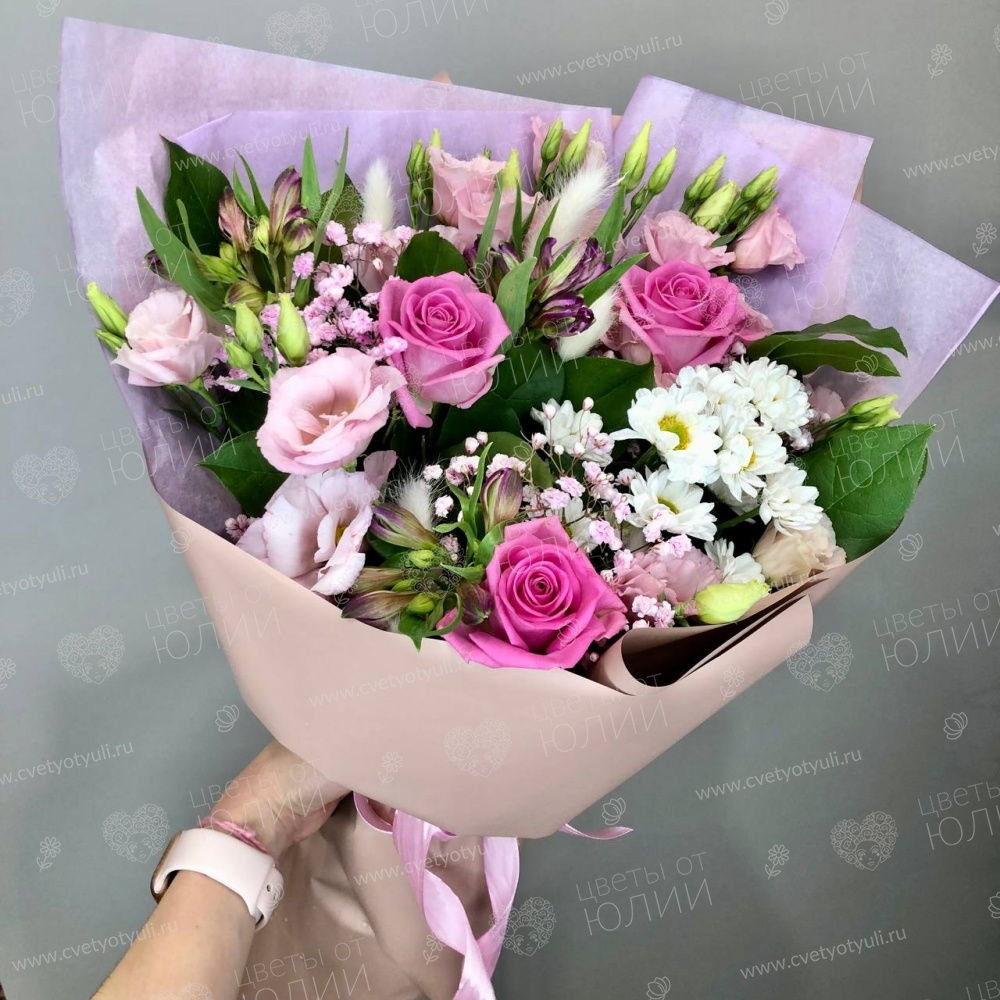 Букет из роз, эустомы и альстромерий Сказка
