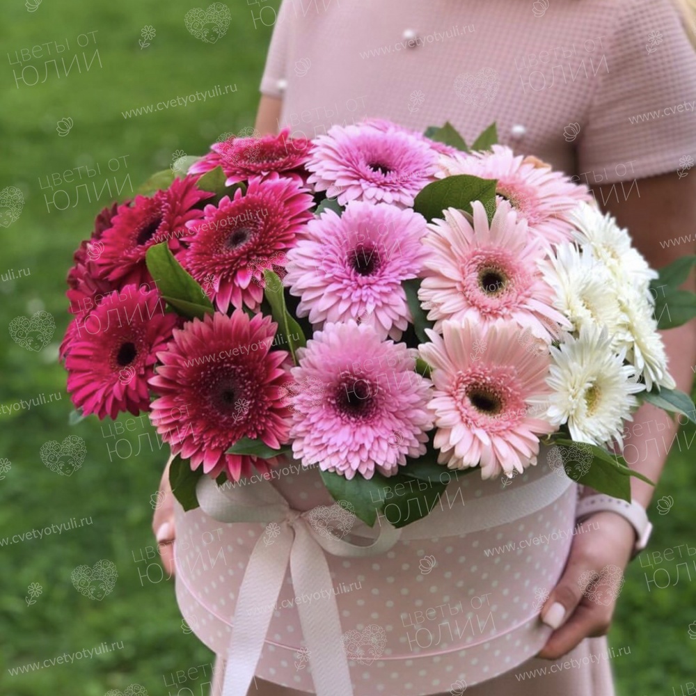 Коробка из 25 гербер с зеленью