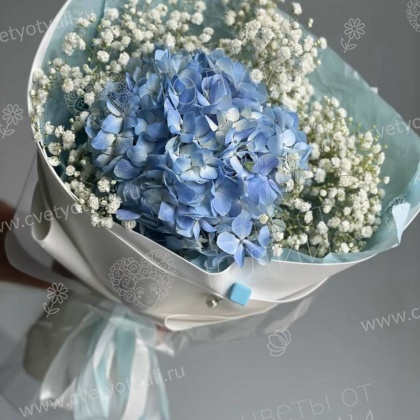 Букет из синей гортензии и гипсофилы