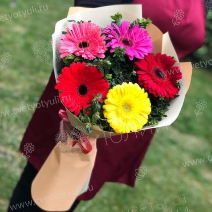 Букет из 5 гербер с зеленью