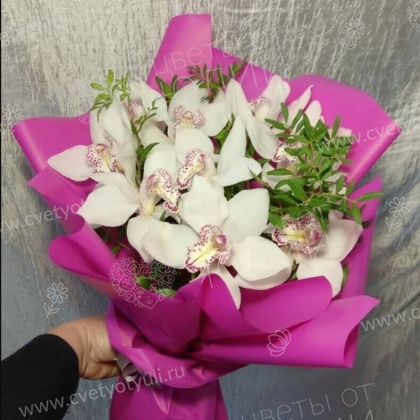 Букет из 7 орхидей с зеленью