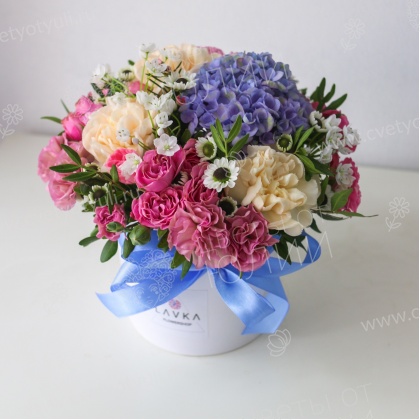 Коробка гортензий и гвоздик Незнакомка