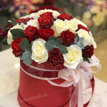 Коробка из 31 красно-белой розы Калипсо