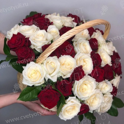 Корзина из 51 красно-белых роз