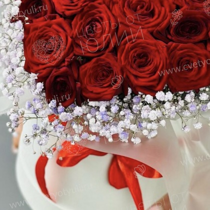 Коробка-сердечко из 25 роз и гипсофилы